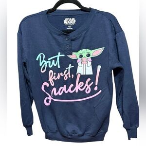 Star Wars Navy‎ Baby Yoda Pajama Lounge Sweatshirt Top “But First, Snacks!” XS